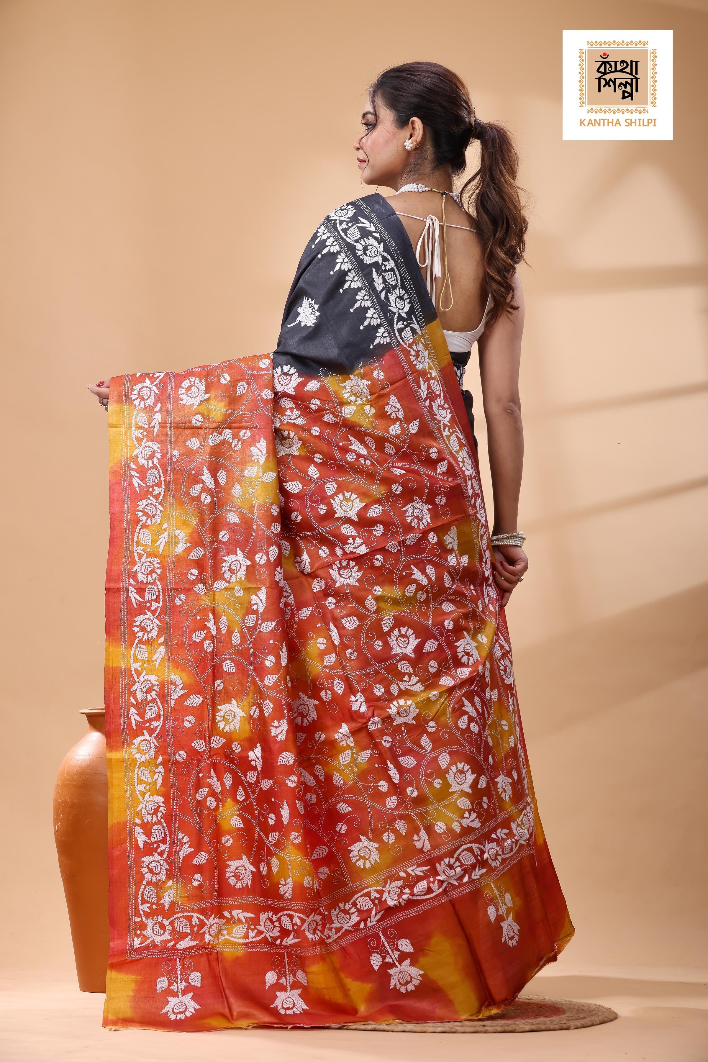 Pure Dye Gachi Tussar White Color Thread Work Kantha Stitch Saree