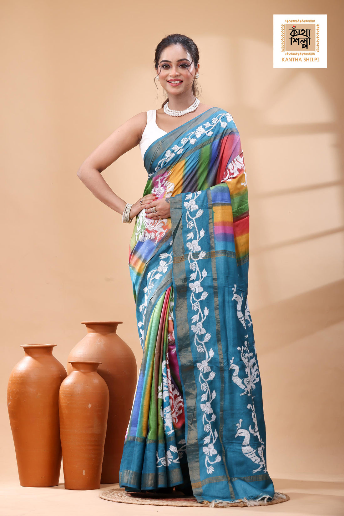 Pure Dye Tussar White Color Thread Work Kantha Stitch Saree