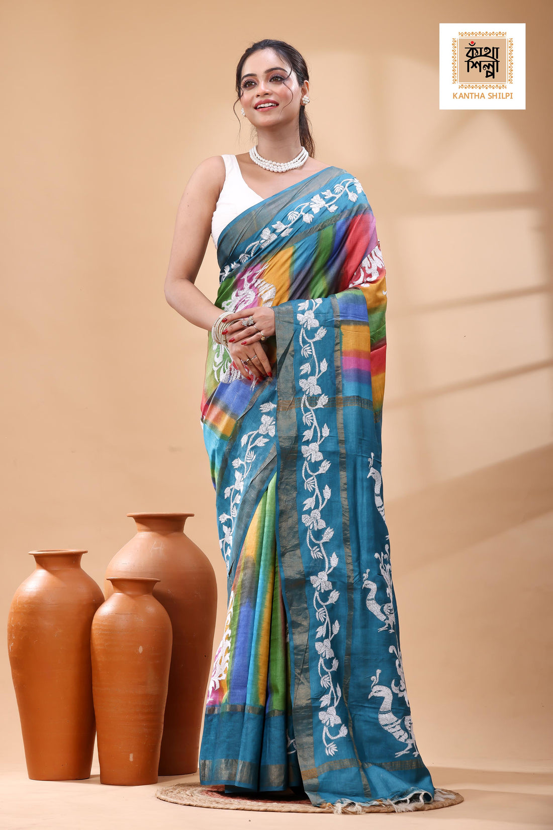 Pure Dye Tussar White Color Thread Work Kantha Stitch Saree