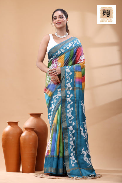 Pure Dye Tussar White Color Thread Work Kantha Stitch Saree