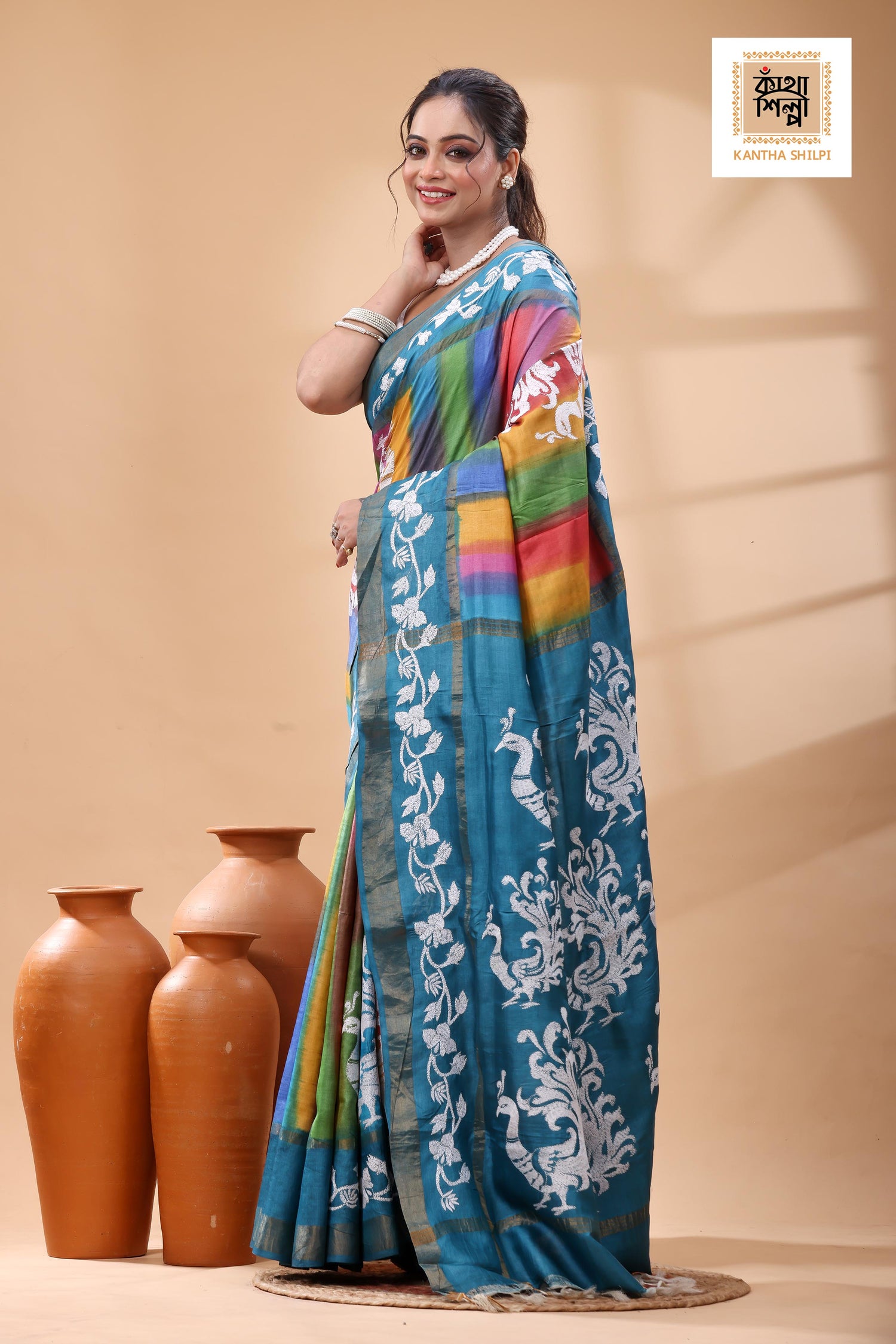 Pure Dye Tussar White Color Thread Work Kantha Stitch Saree