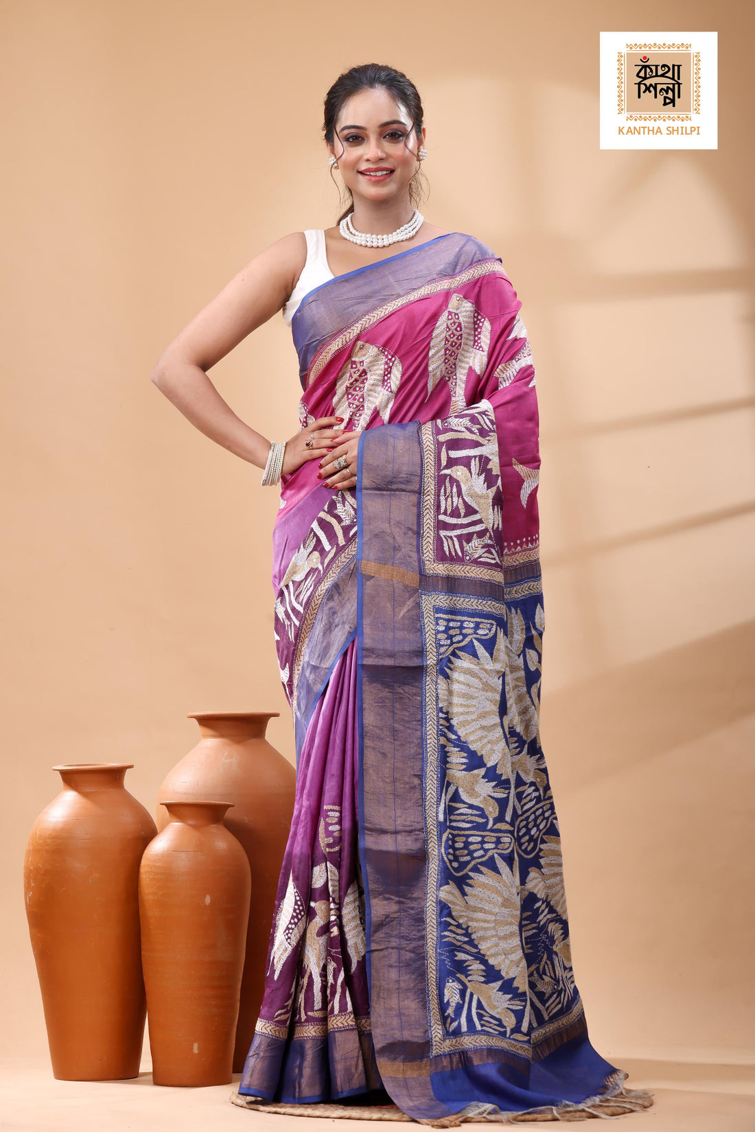 Pure Dye Tussar White-Beige Color Thread Work Kantha Stitch Saree
