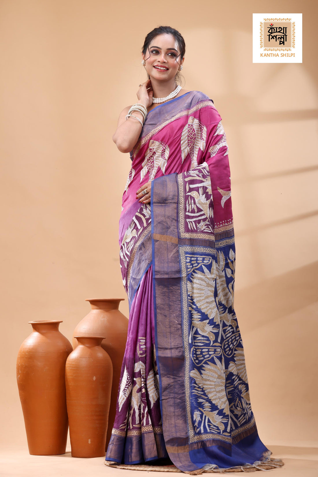 Pure Dye Tussar White-Beige Color Thread Work Kantha Stitch Saree