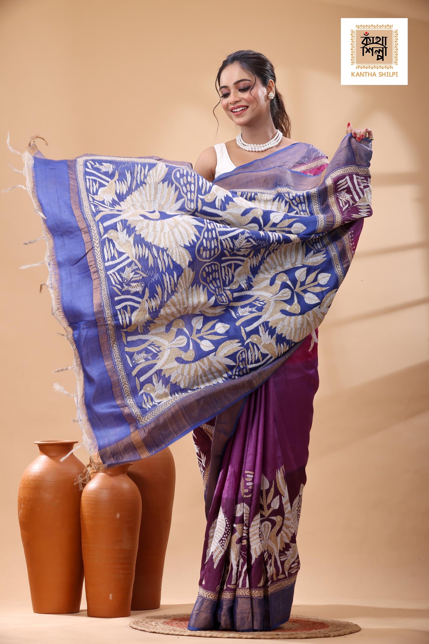 Pure Dye Tussar White-Beige Color Thread Work Kantha Stitch Saree