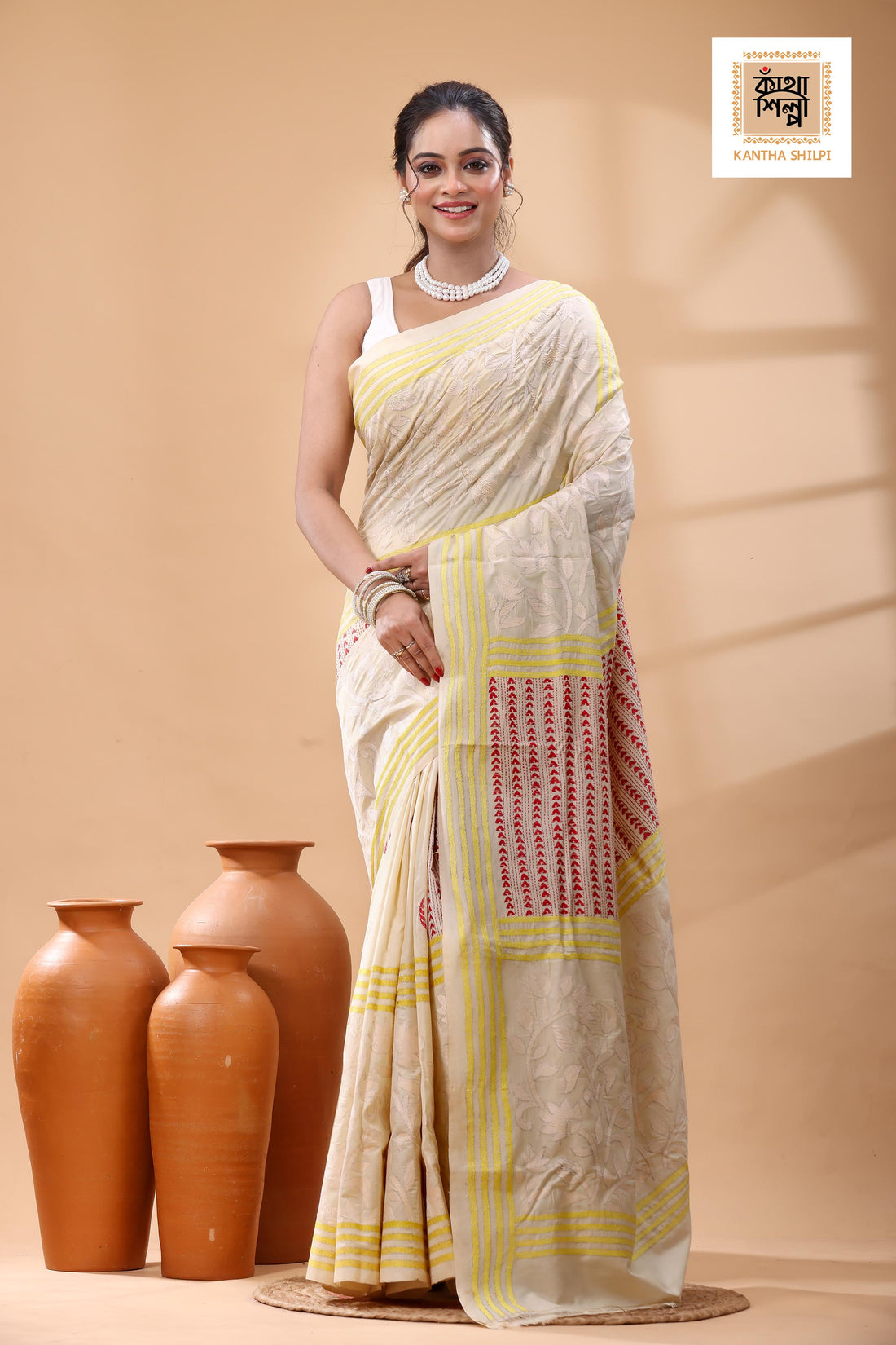 Off White Tussar Silk White Red Yellow Color Thread Work Kantha Stitch Saree