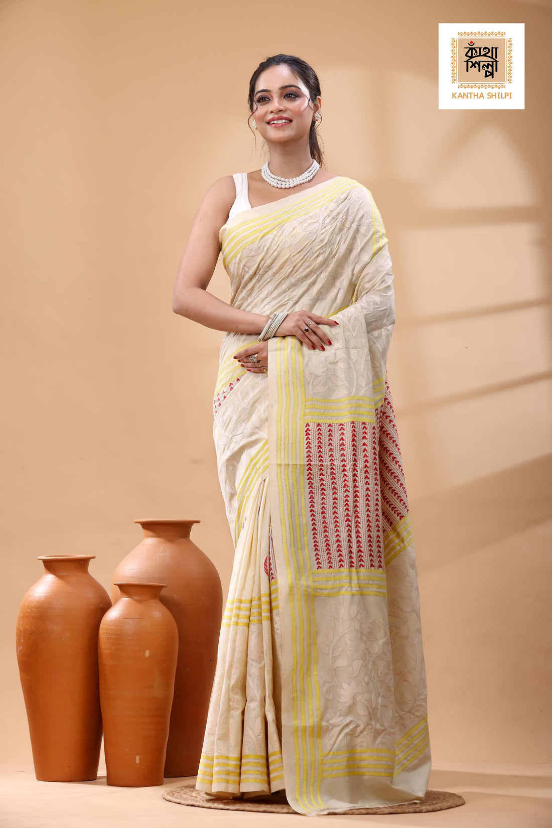Off White Tussar Silk White Red Yellow Color Thread Work Kantha Stitch Saree
