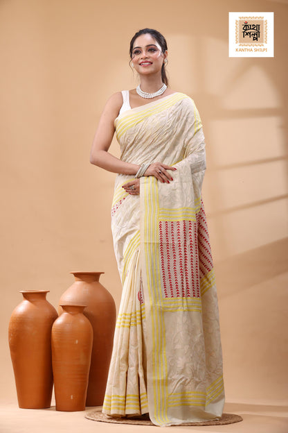 Off White Tussar Silk White Red Yellow Color Thread Work Kantha Stitch Saree