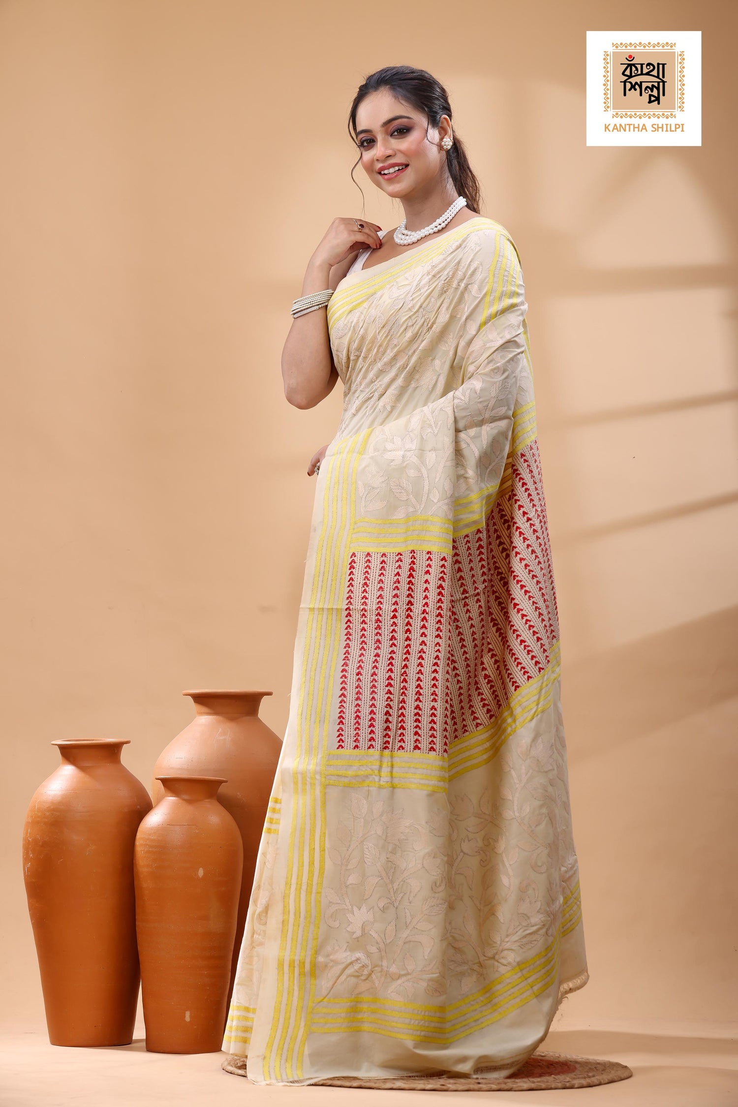 Off White Tussar Silk White Red Yellow Color Thread Work Kantha Stitch Saree