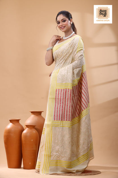 Off White Tussar Silk White Red Yellow Color Thread Work Kantha Stitch Saree