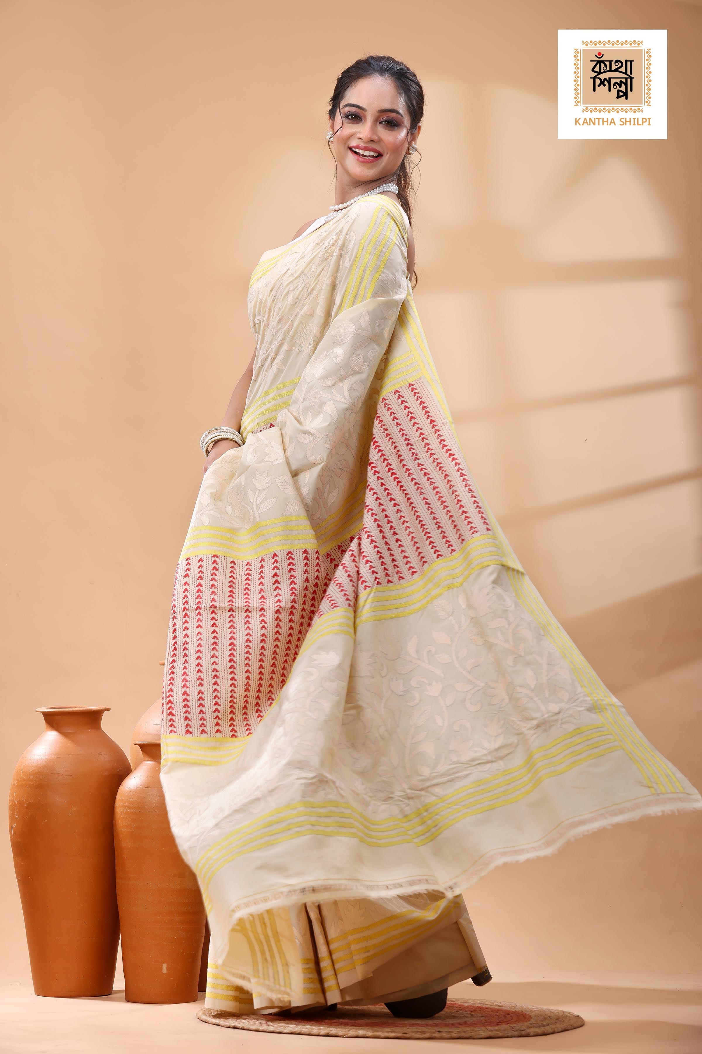 Off White Tussar Silk White Red Yellow Color Thread Work Kantha Stitch Saree