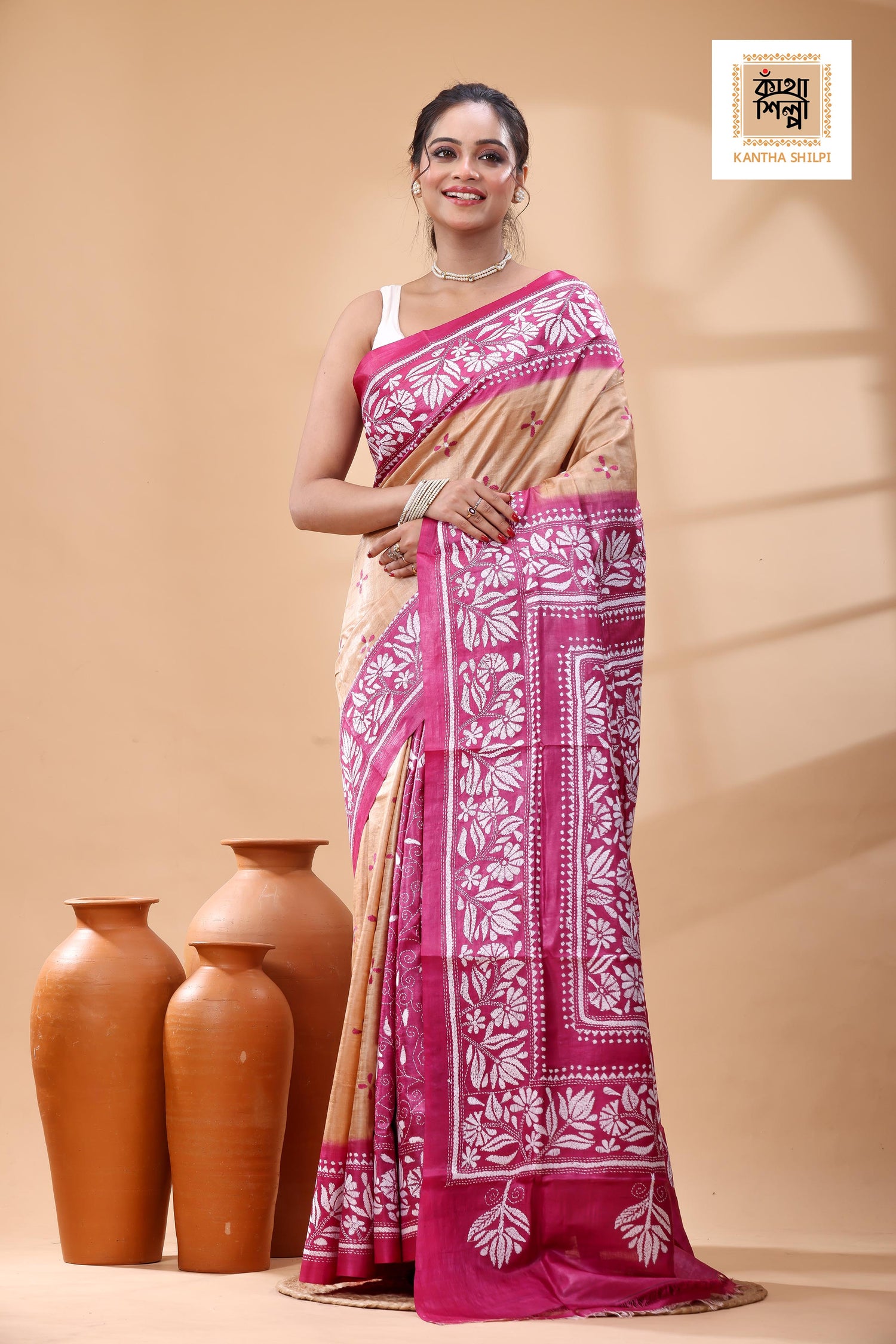 Pure Dye Gachi Tussar White Color Thread Work Kantha Stitch Saree