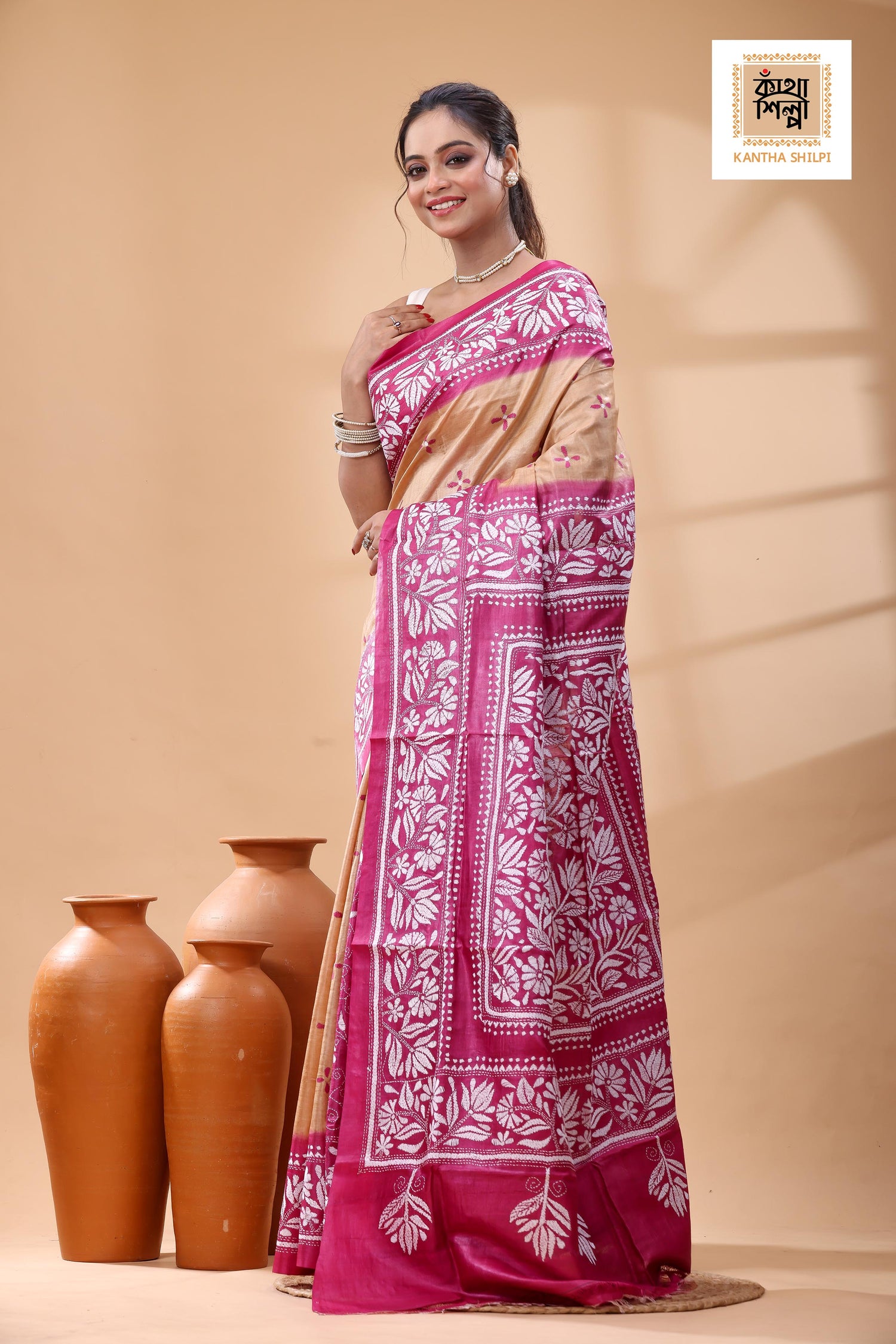 Pure Dye Gachi Tussar White Color Thread Work Kantha Stitch Saree
