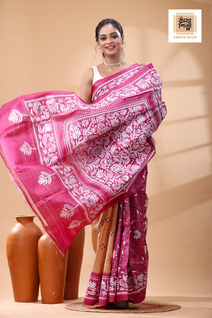 Pure Dye Gachi Tussar White Color Thread Work Kantha Stitch Saree