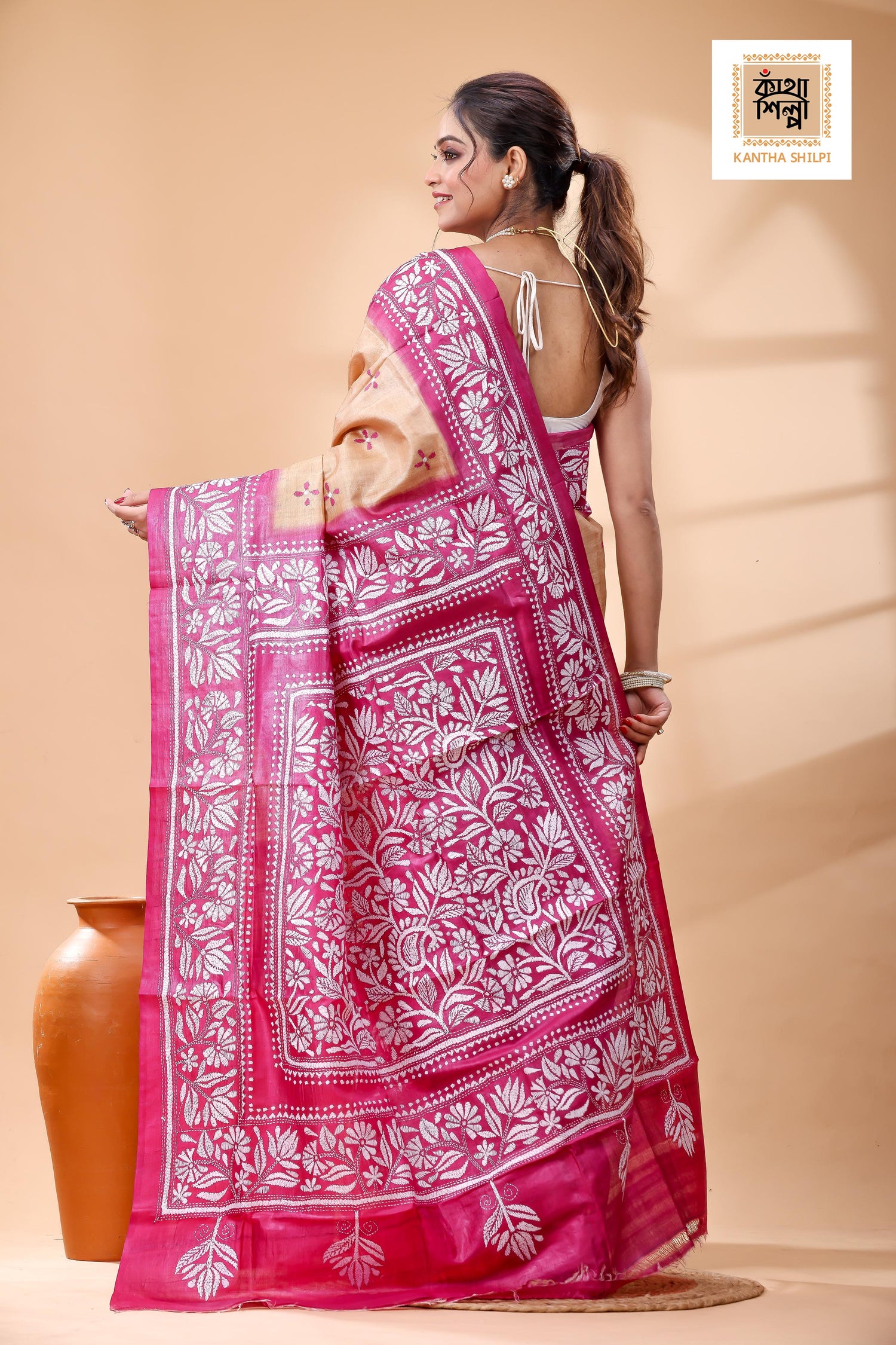 Pure Dye Gachi Tussar White Color Thread Work Kantha Stitch Saree