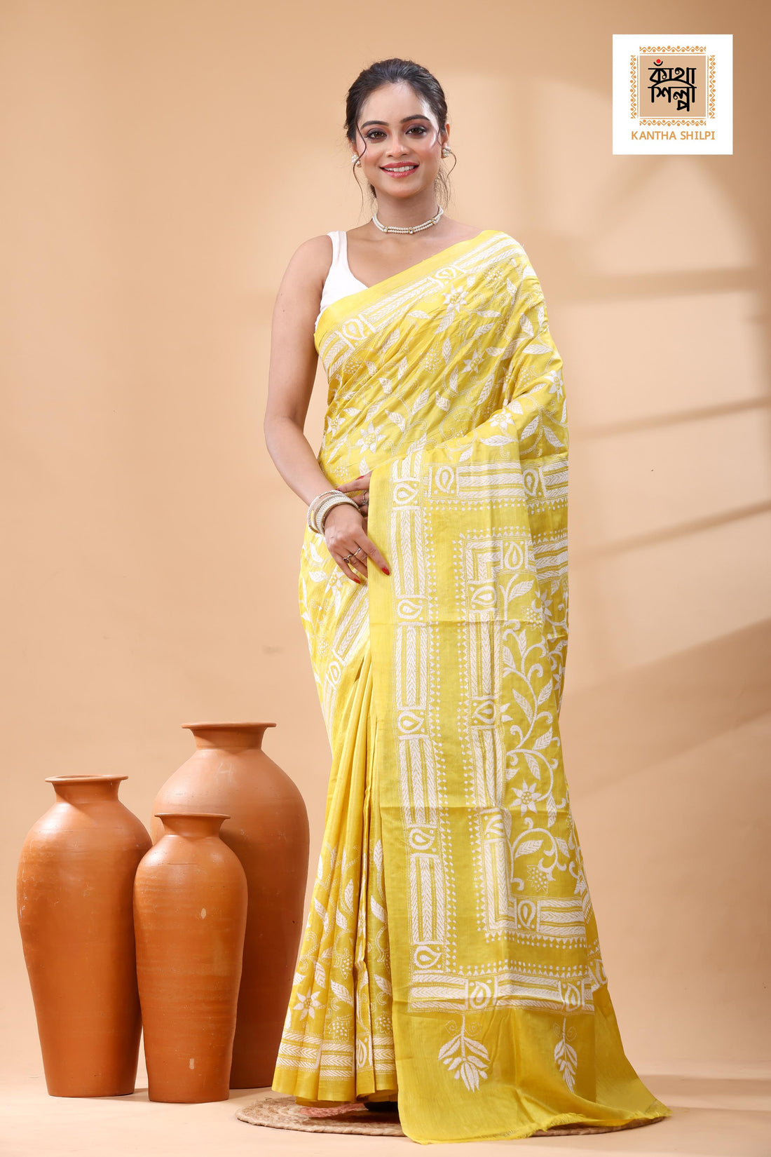 Pure Yellow Dye Gachi Tussar White Color Thread Work Kantha Stitch Saree