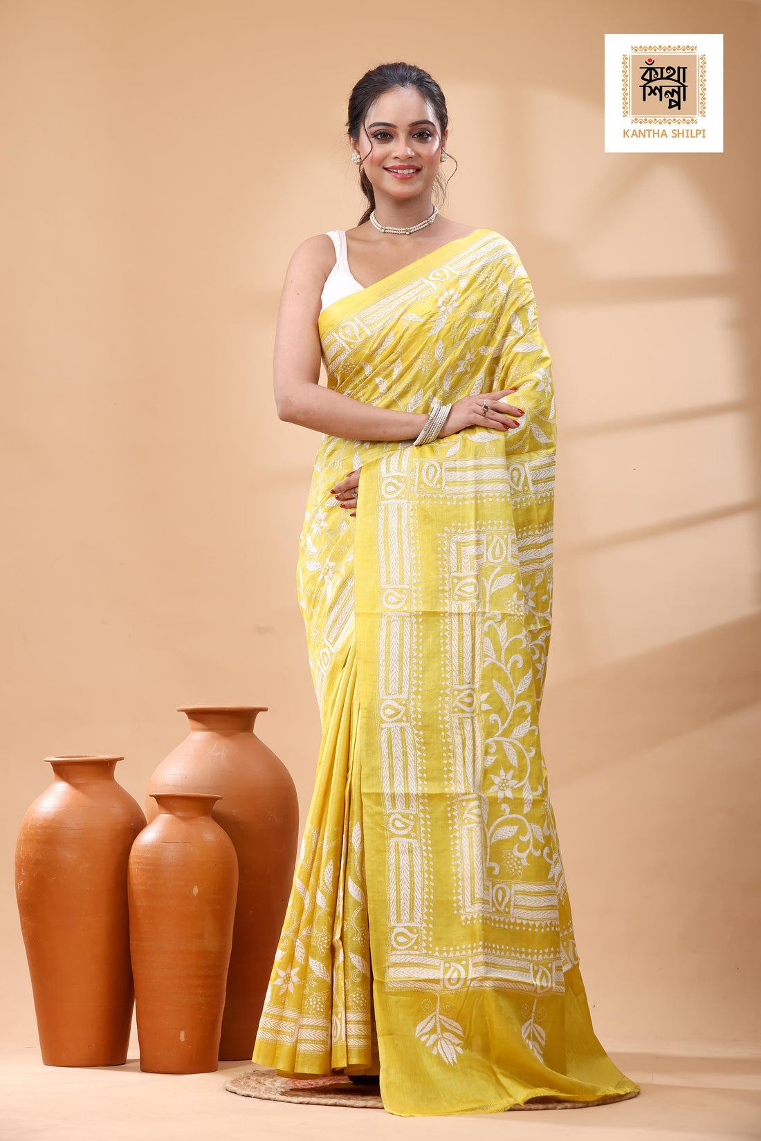 Pure Yellow Dye Gachi Tussar White Color Thread Work Kantha Stitch Saree