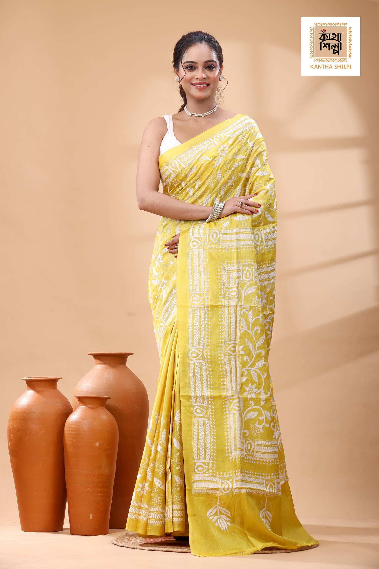 Pure Yellow Dye Gachi Tussar White Color Thread Work Kantha Stitch Saree