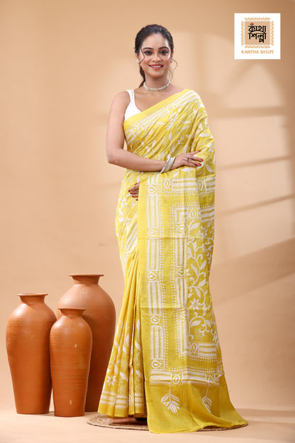 Pure Yellow Dye Gachi Tussar White Color Thread Work Kantha Stitch Saree