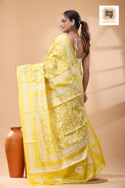 Pure Yellow Dye Gachi Tussar White Color Thread Work Kantha Stitch Saree