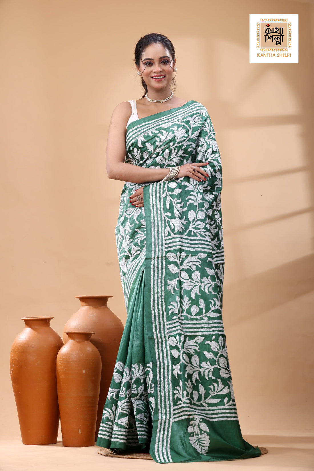 Pure Green Dye Gachi Tussar White Color Thread Work Kantha Stitch Saree
