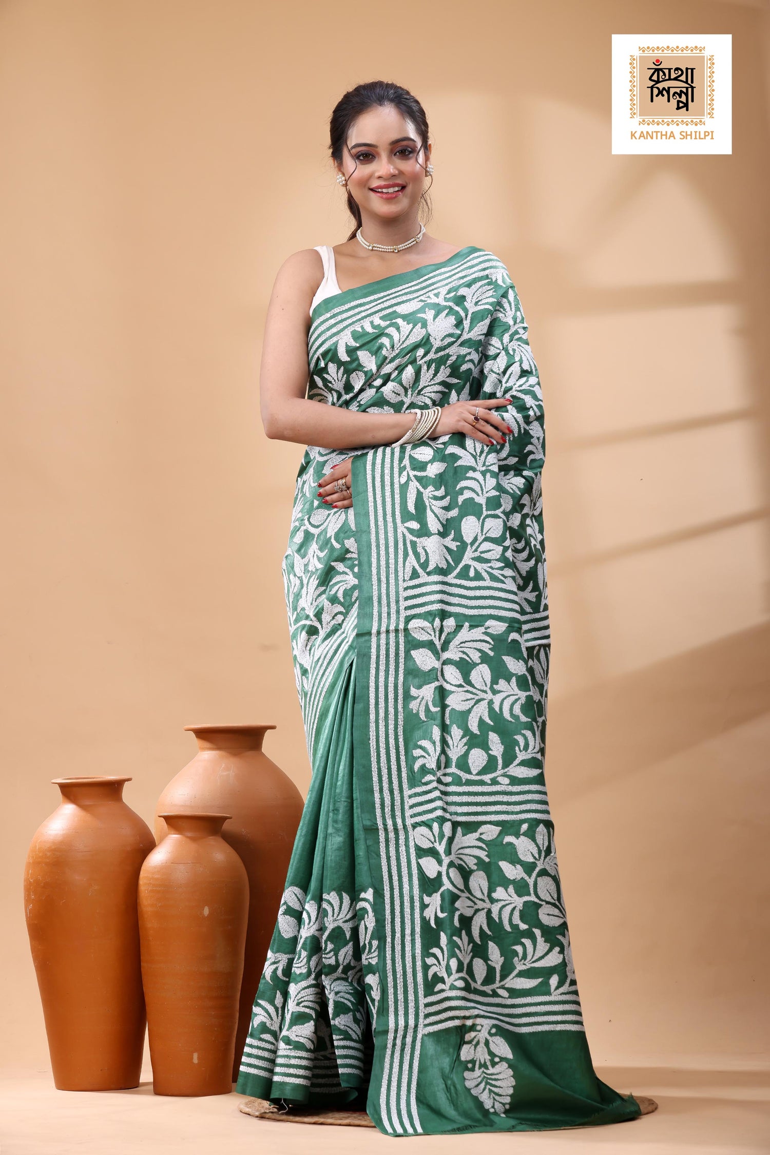 Pure Green Dye Gachi Tussar White Color Thread Work Kantha Stitch Saree