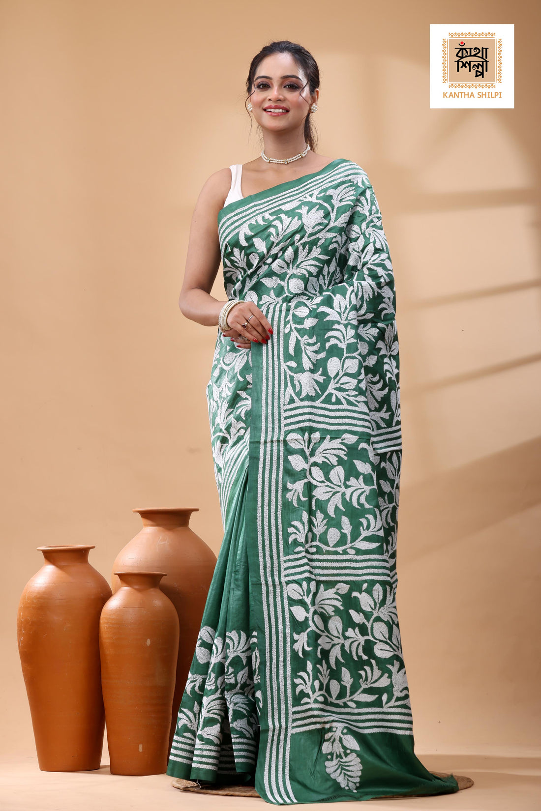Pure Green Dye Gachi Tussar White Color Thread Work Kantha Stitch Saree