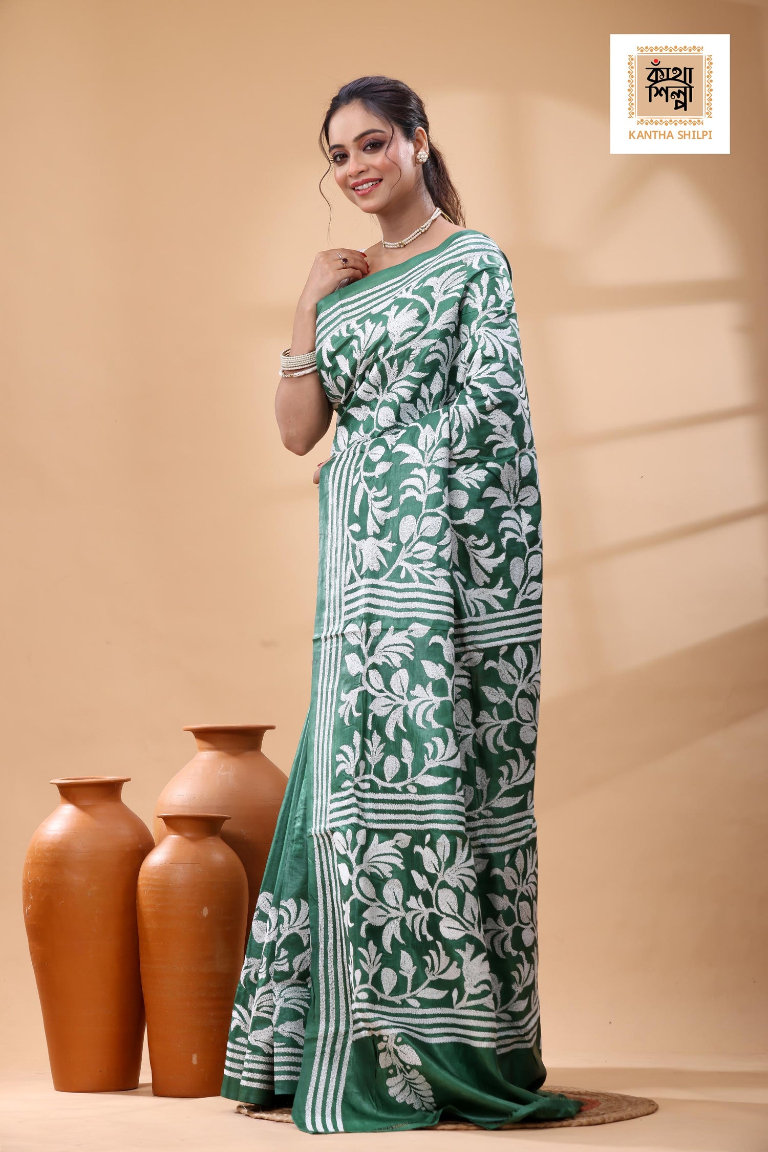 Pure Green Dye Gachi Tussar White Color Thread Work Kantha Stitch Saree