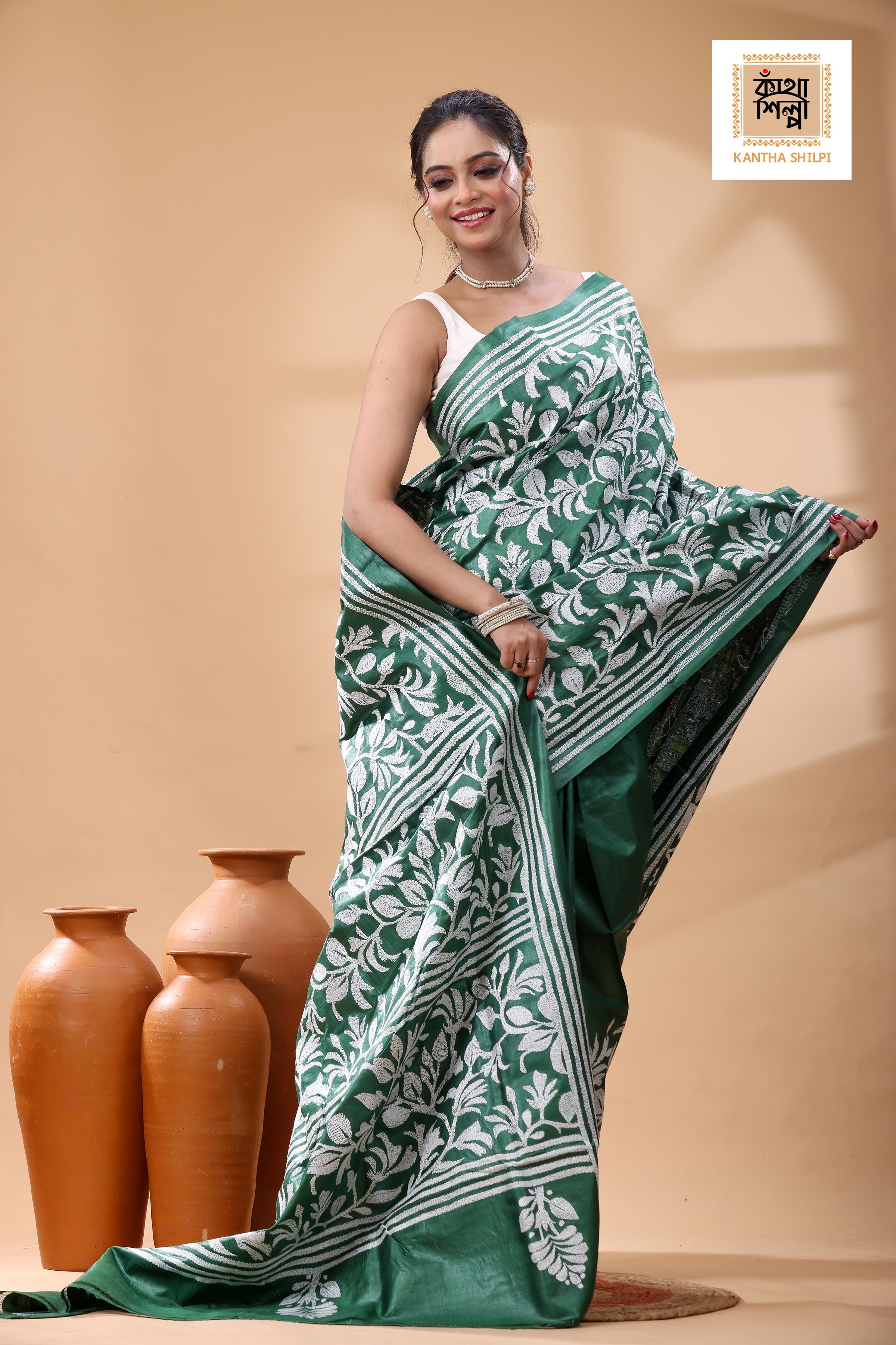 Pure Green Dye Gachi Tussar White Color Thread Work Kantha Stitch Saree