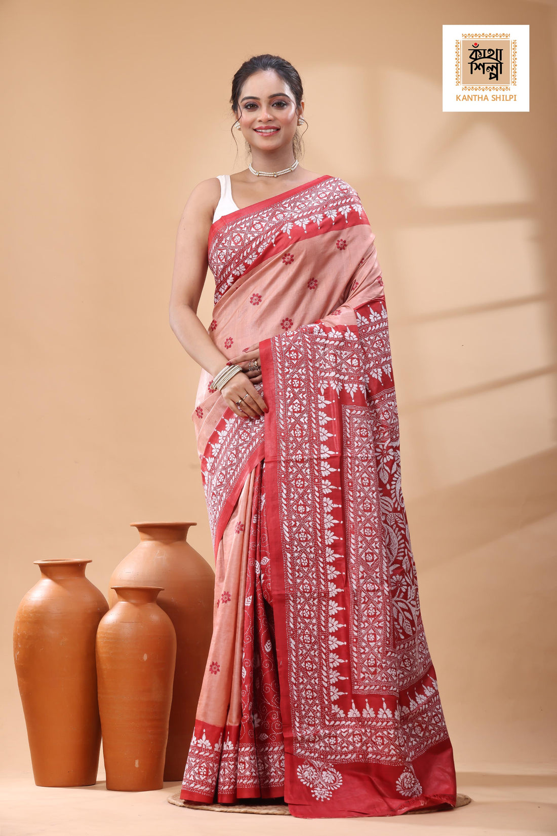 Pure Dye Gachi Tussar White Color Thread Work Kantha Stitch Saree