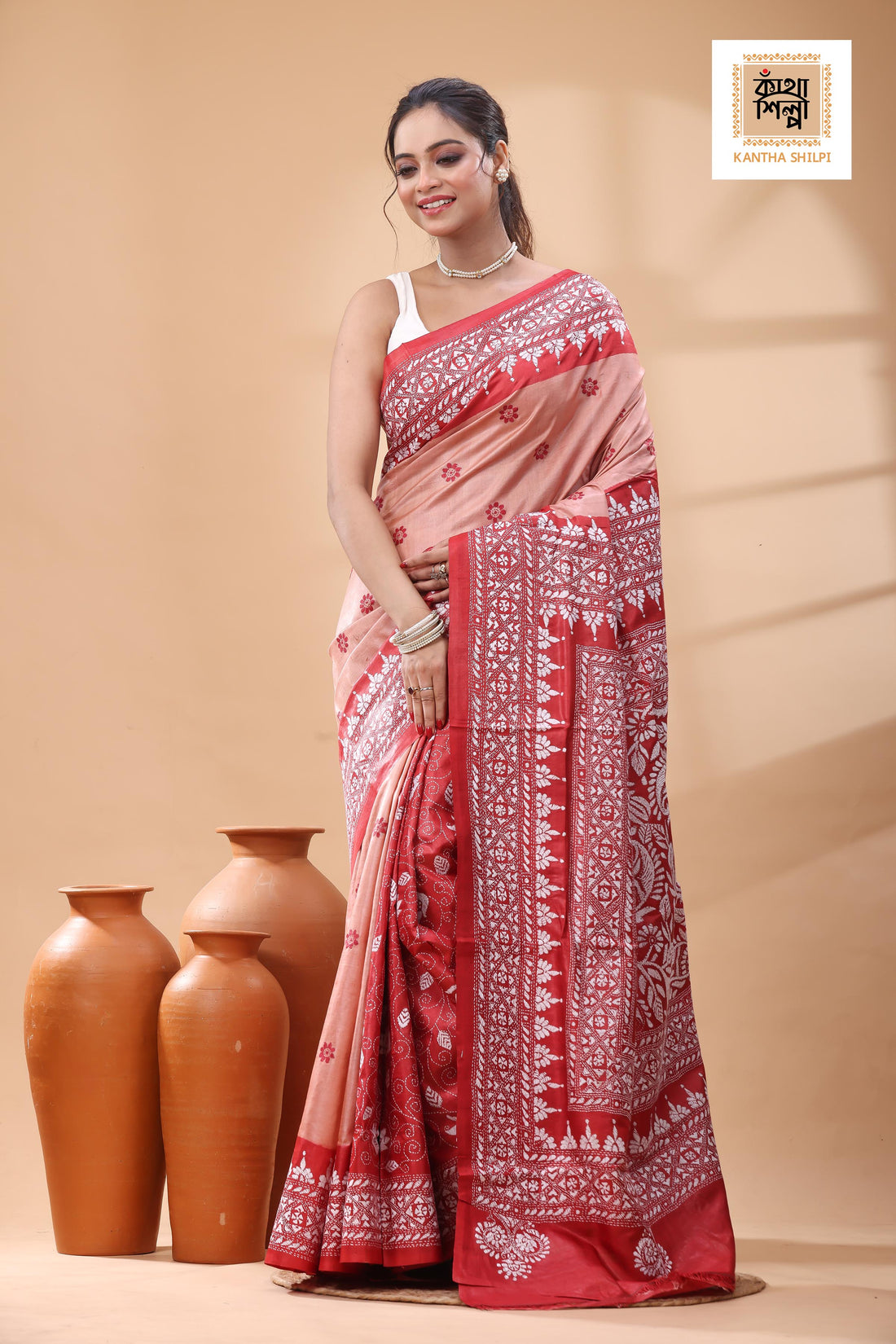 Pure Dye Gachi Tussar White Color Thread Work Kantha Stitch Saree