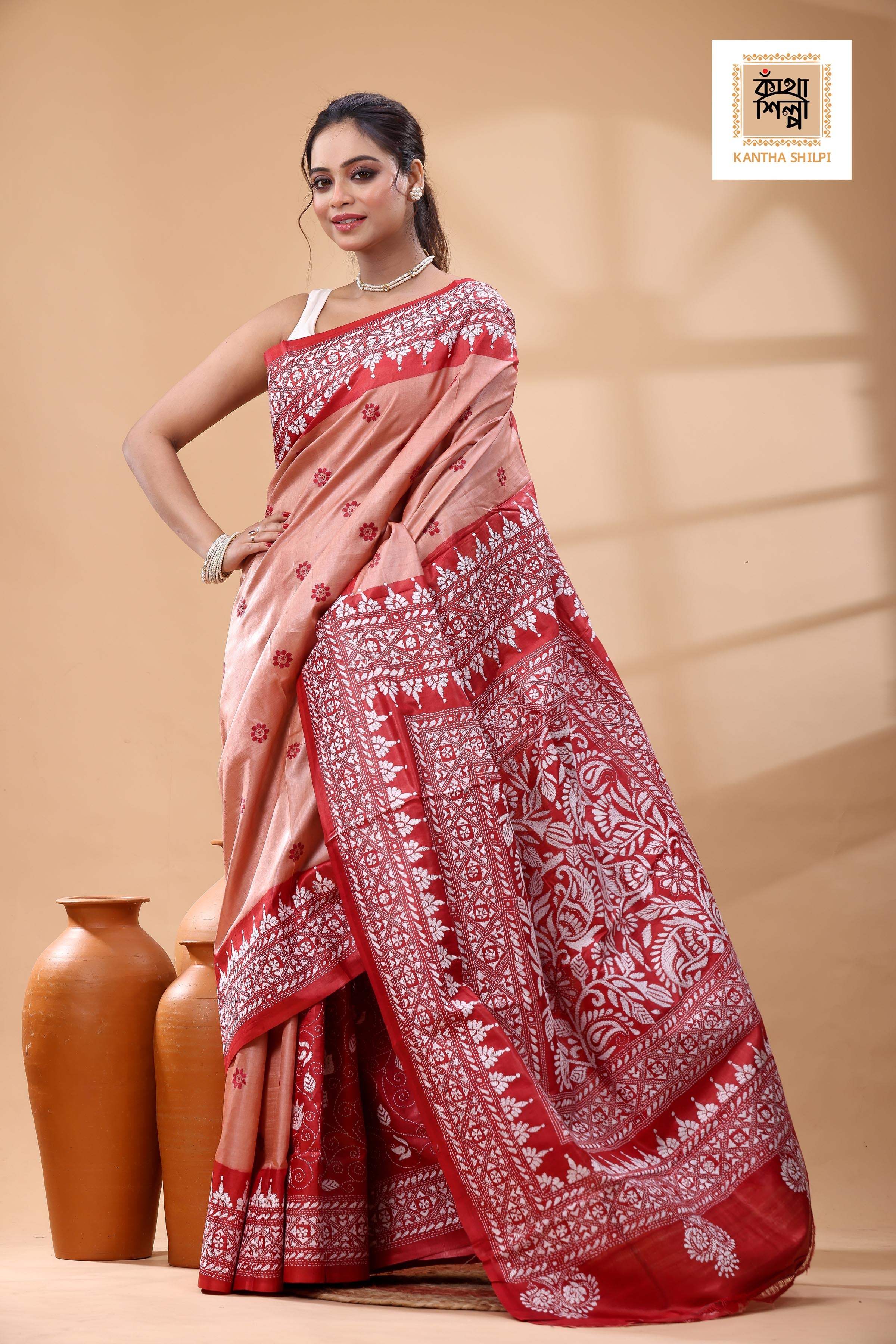 Pure Dye Gachi Tussar White Color Thread Work Kantha Stitch Saree