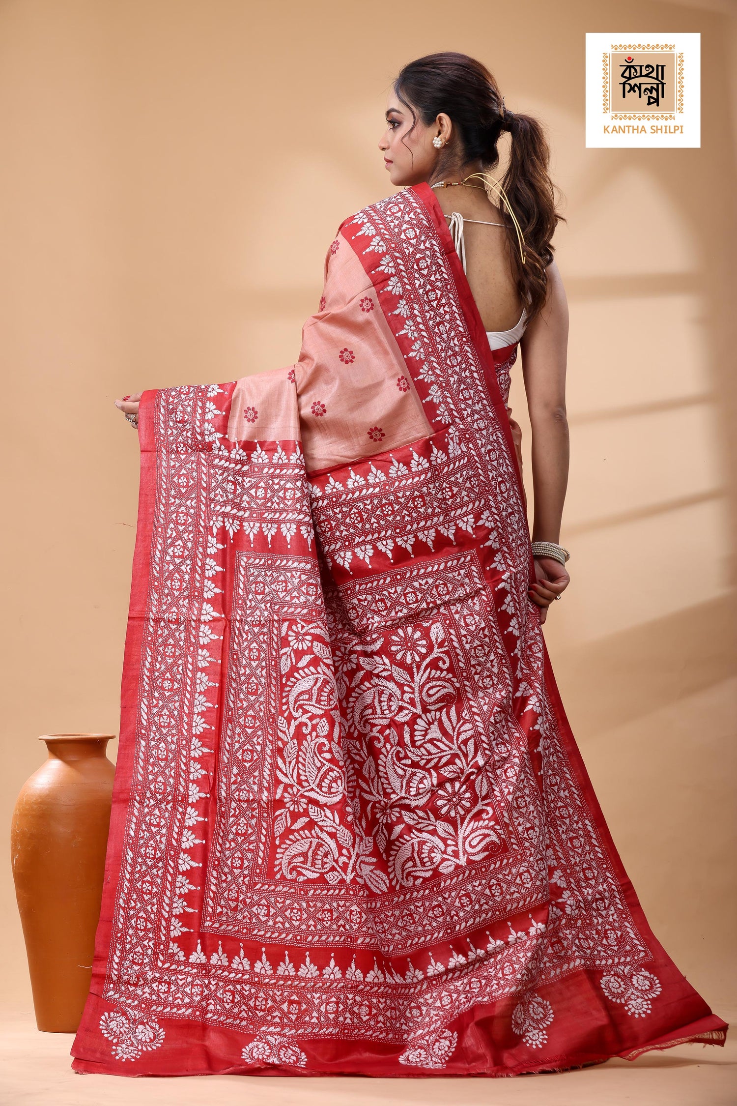 Pure Dye Gachi Tussar White Color Thread Work Kantha Stitch Saree