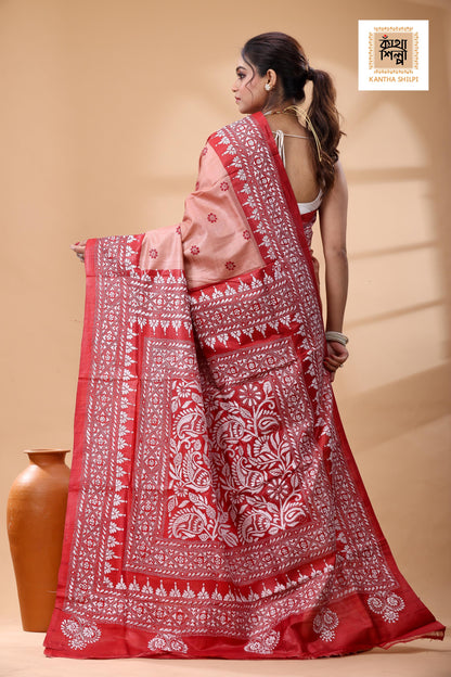 Pure Dye Gachi Tussar White Color Thread Work Kantha Stitch Saree