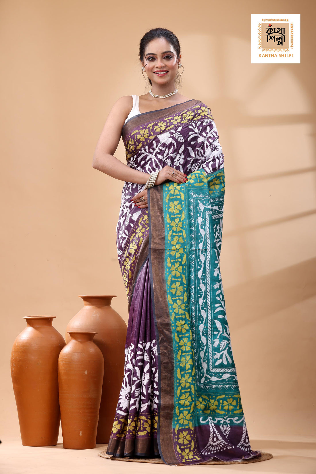 Pure Dye Gachi Tussar White Yellow Color Thread Work Kantha Stitch Saree