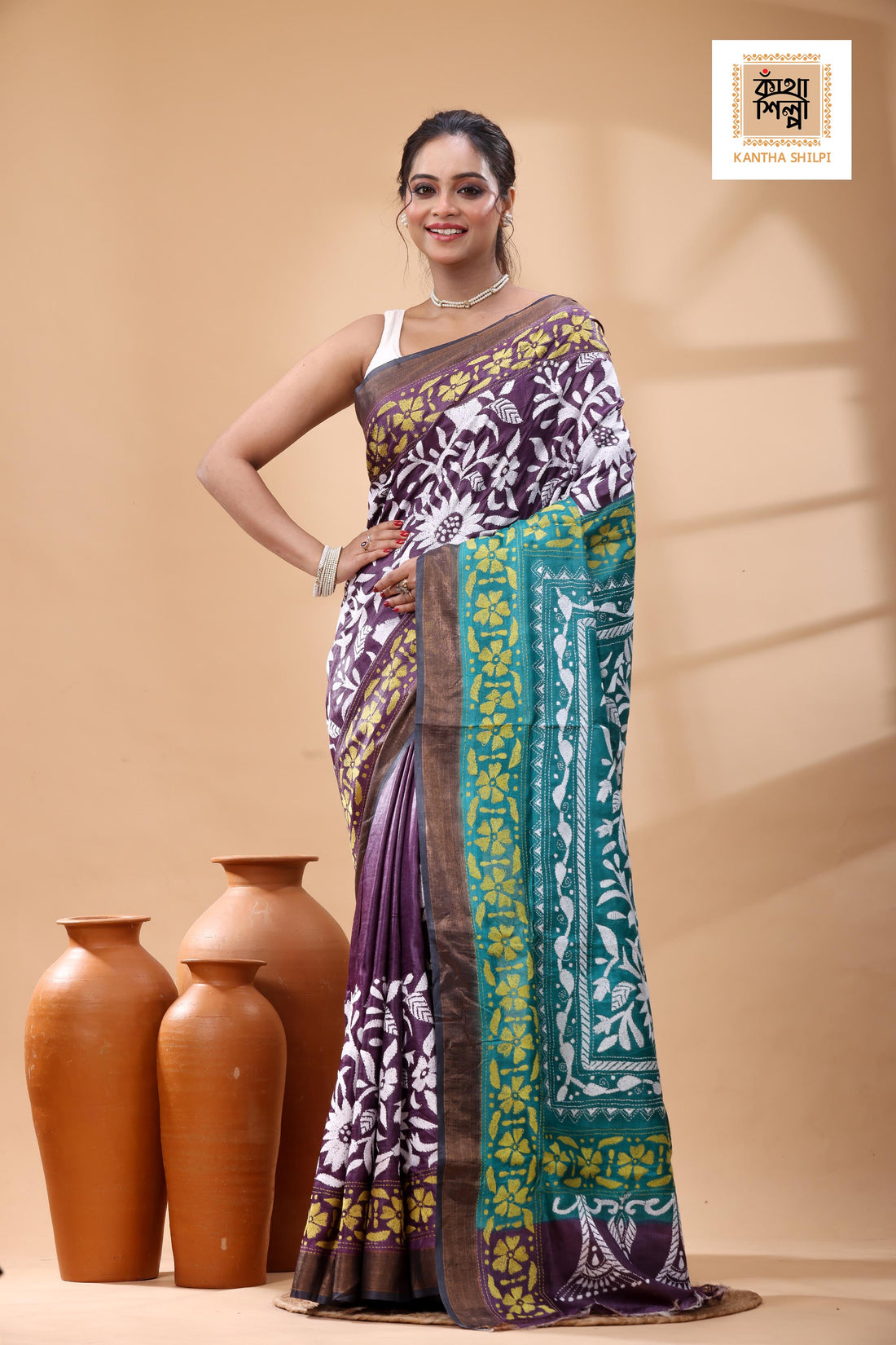 Pure Dye Gachi Tussar White Yellow Color Thread Work Kantha Stitch Saree