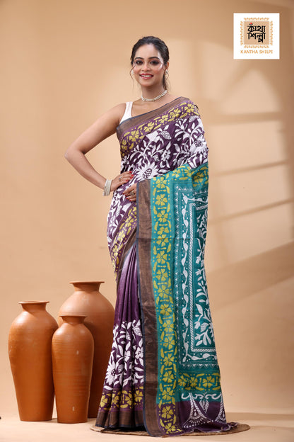Pure Dye Gachi Tussar White Yellow Color Thread Work Kantha Stitch Saree