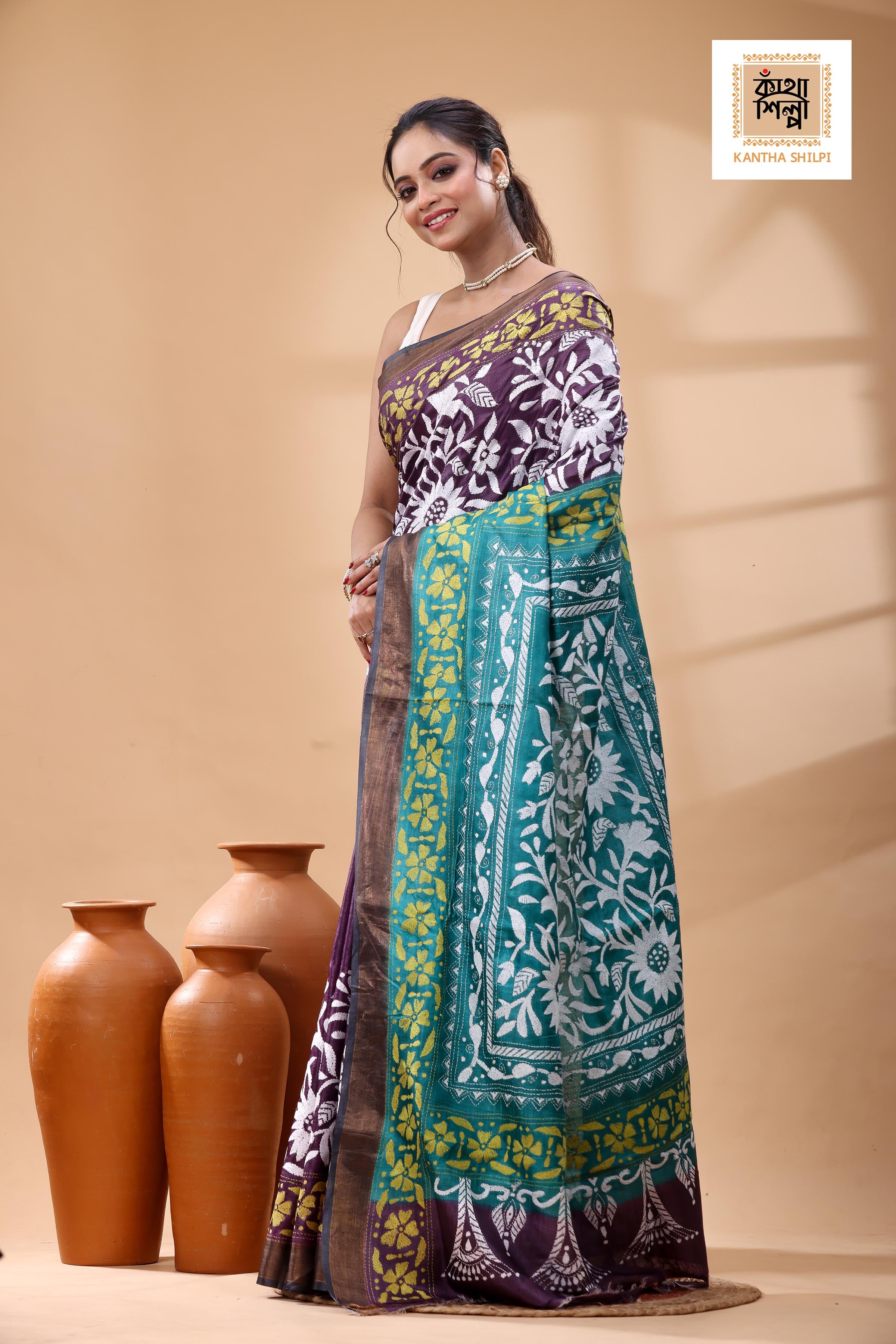 Pure Dye Gachi Tussar White Yellow Color Thread Work Kantha Stitch Saree