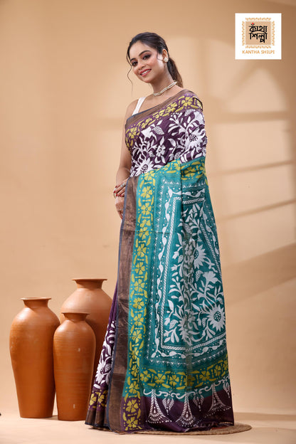 Pure Dye Gachi Tussar White Yellow Color Thread Work Kantha Stitch Saree
