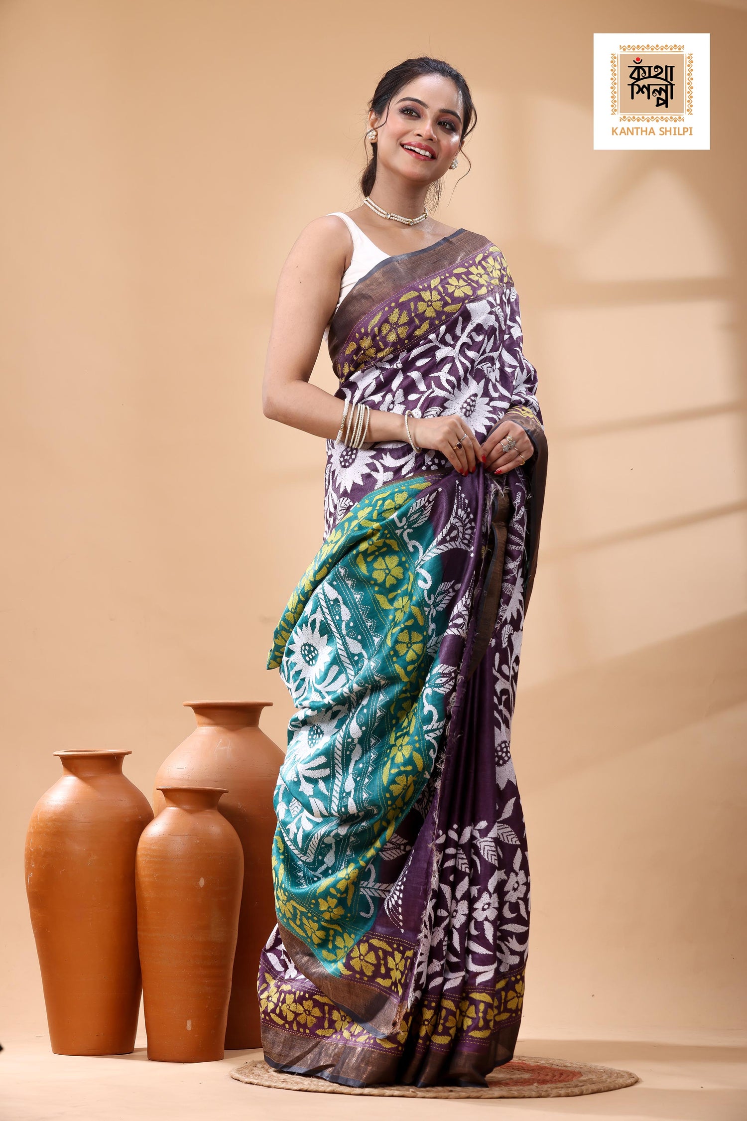 Pure Dye Gachi Tussar White Yellow Color Thread Work Kantha Stitch Saree
