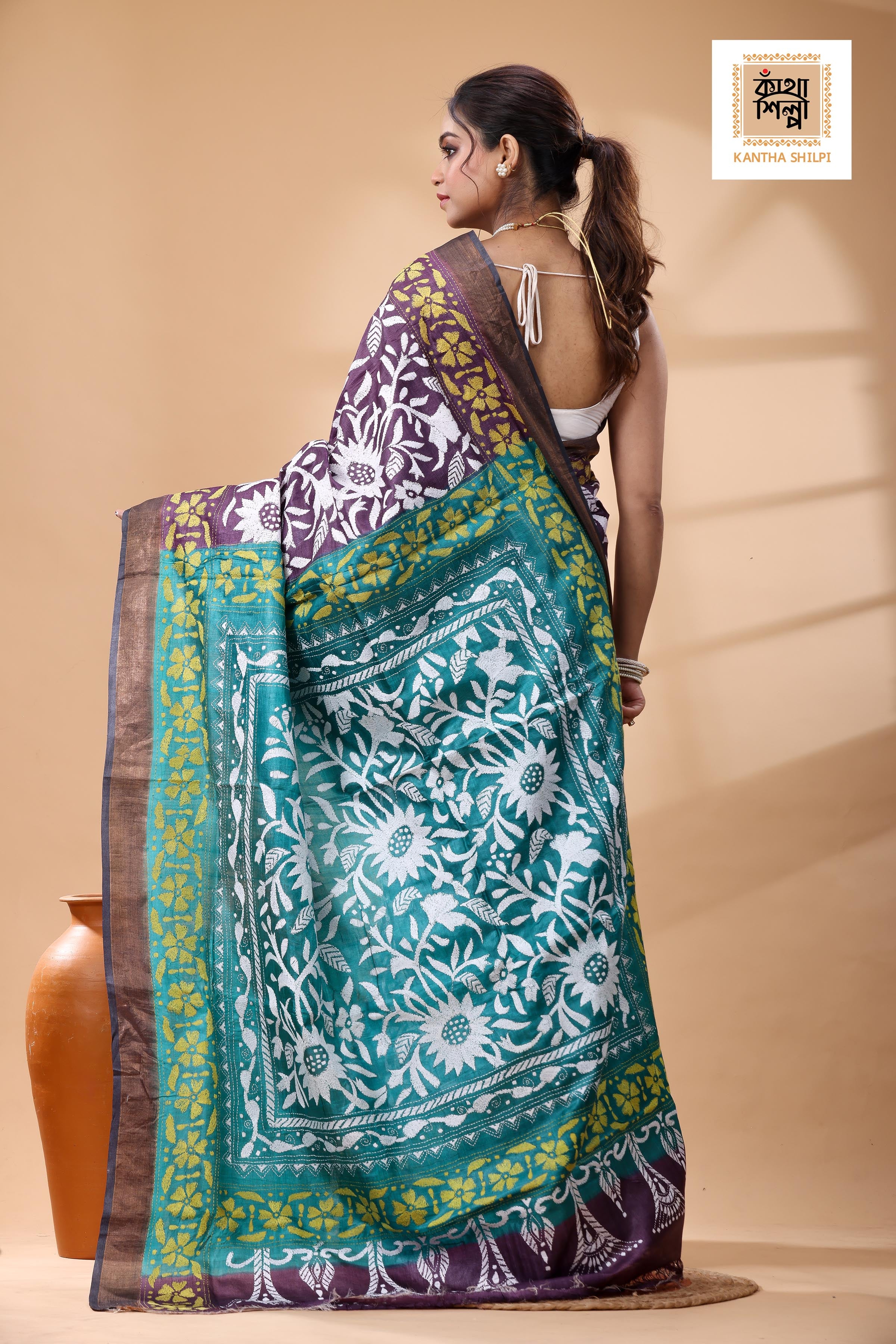 Pure Dye Gachi Tussar White Yellow Color Thread Work Kantha Stitch Saree