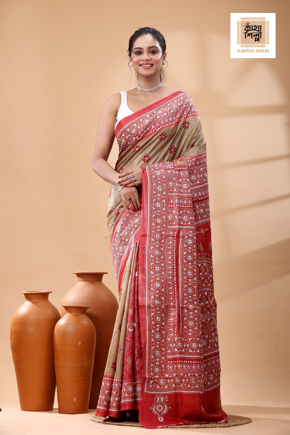 Pure Dye Gachi Tussar White Beige Color Thread Work Kantha Stitch Saree