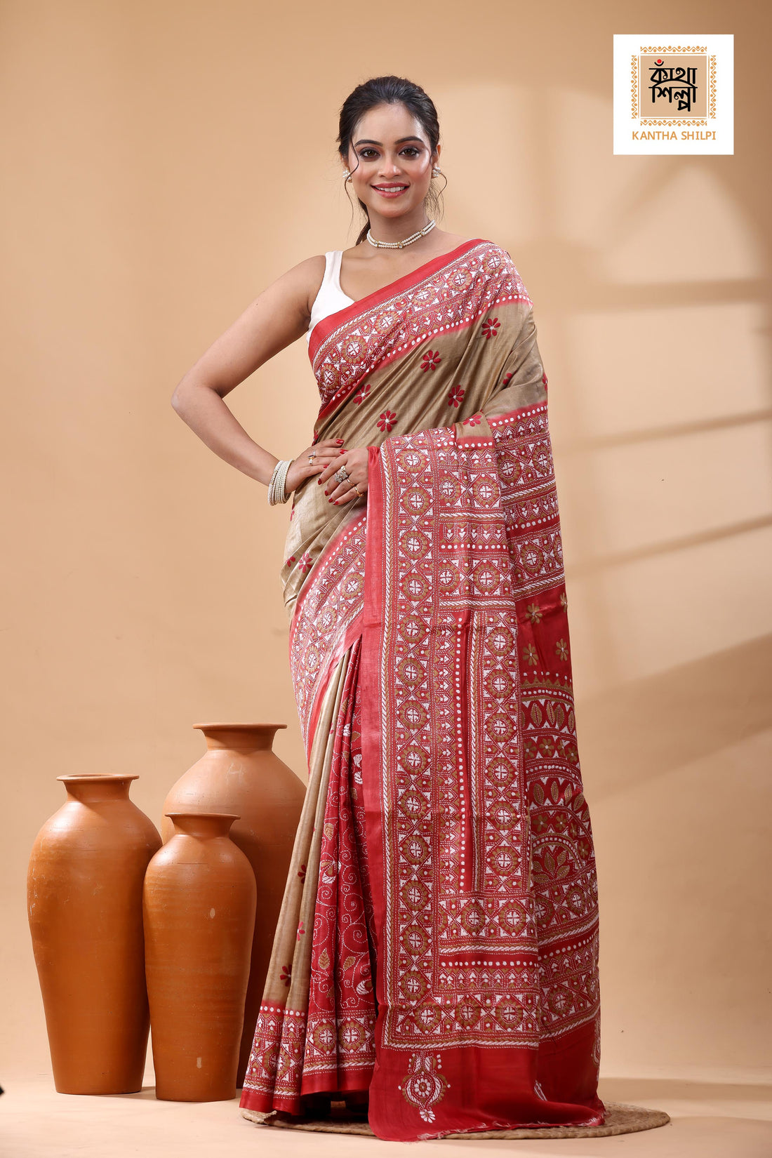 Pure Dye Gachi Tussar White Beige Color Thread Work Kantha Stitch Saree
