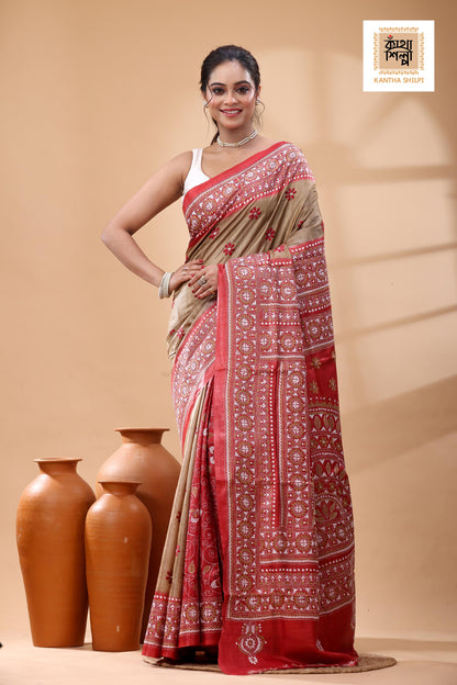 Pure Dye Gachi Tussar White Beige Color Thread Work Kantha Stitch Saree