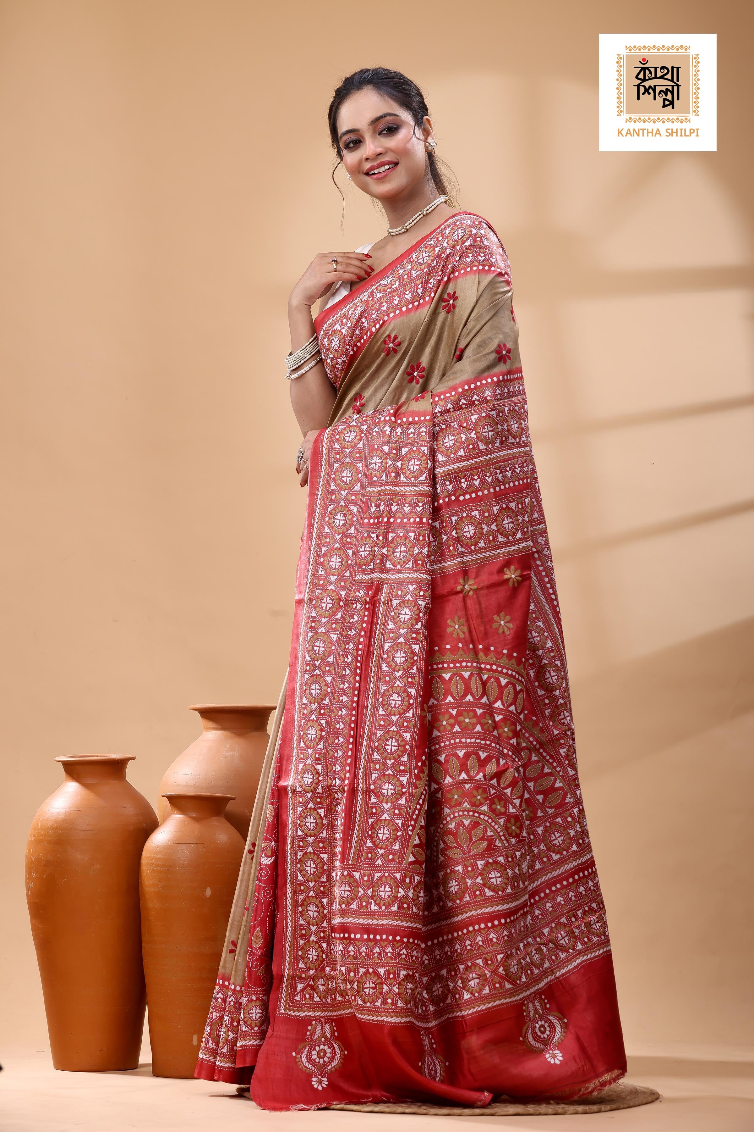 Pure Dye Gachi Tussar White Beige Color Thread Work Kantha Stitch Saree