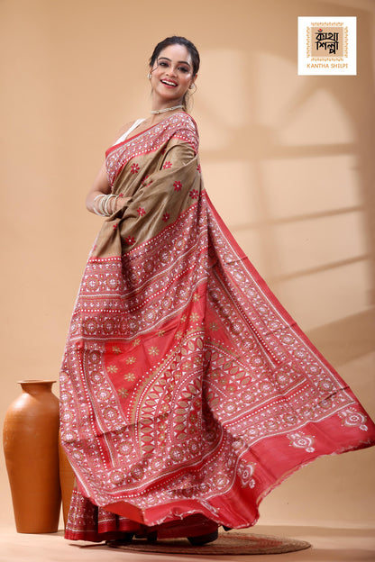 Pure Dye Gachi Tussar White Beige Color Thread Work Kantha Stitch Saree
