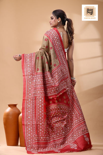 Pure Dye Gachi Tussar White Beige Color Thread Work Kantha Stitch Saree