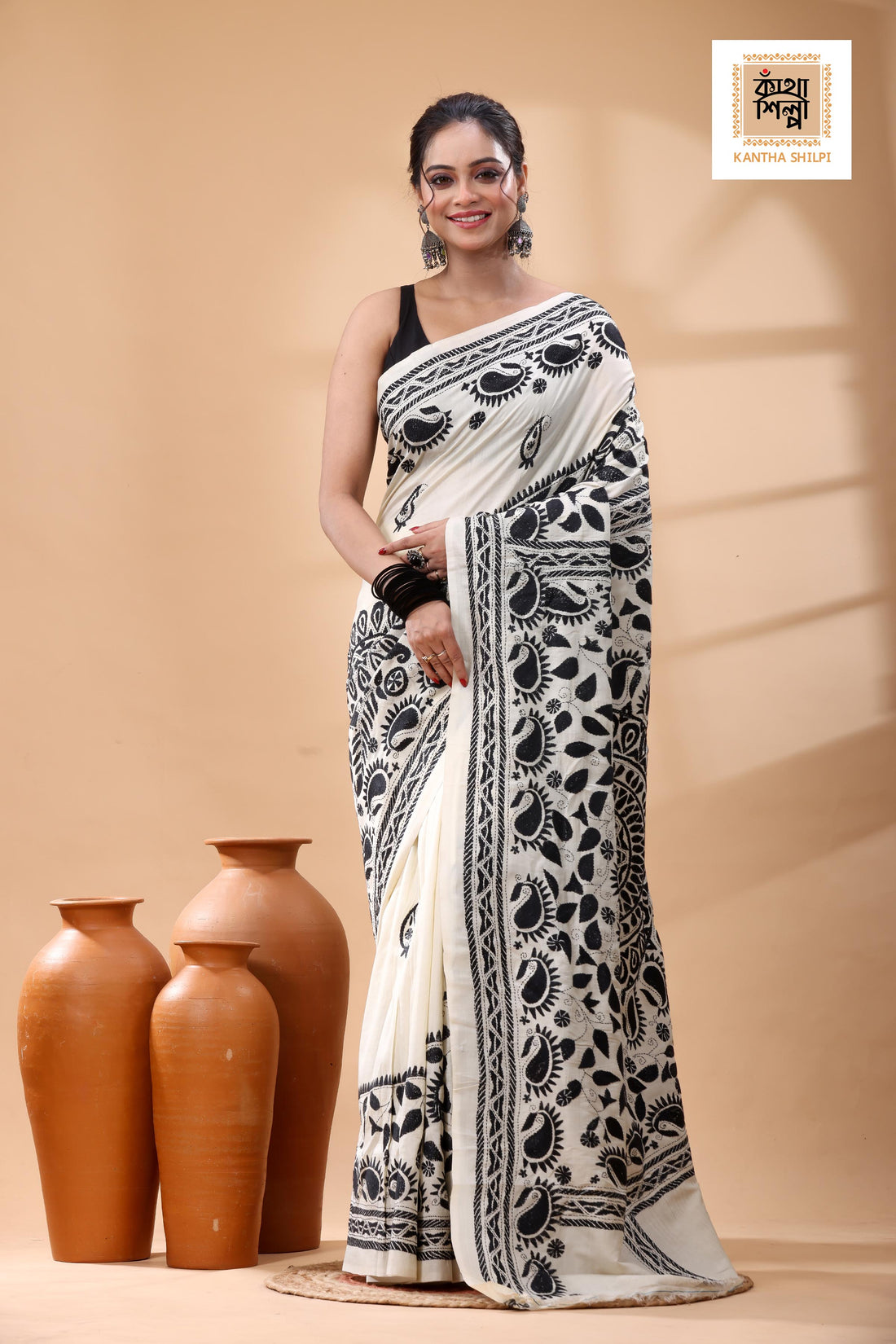 Off White Tussar Silk Black Color Thread Work Kantha Stitch Saree