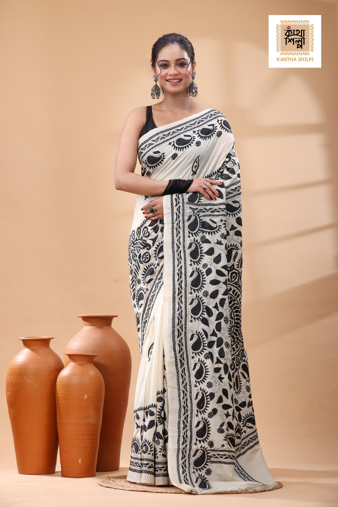 Off White Tussar Silk Black Color Thread Work Kantha Stitch Saree