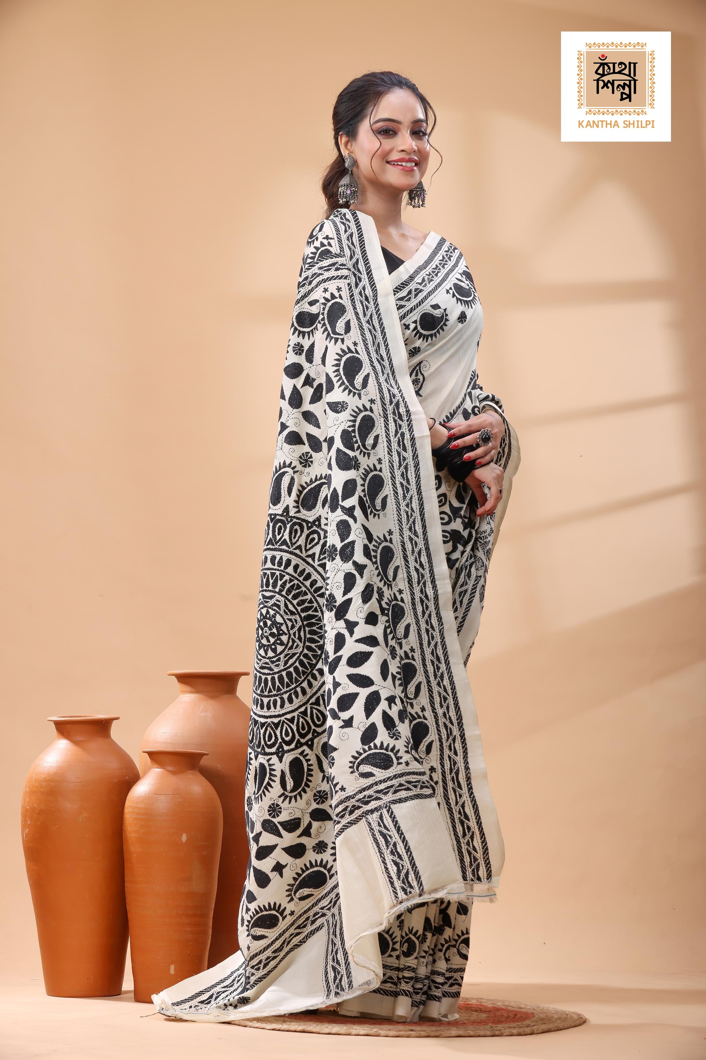 Off White Tussar Silk Black Color Thread Work Kantha Stitch Saree