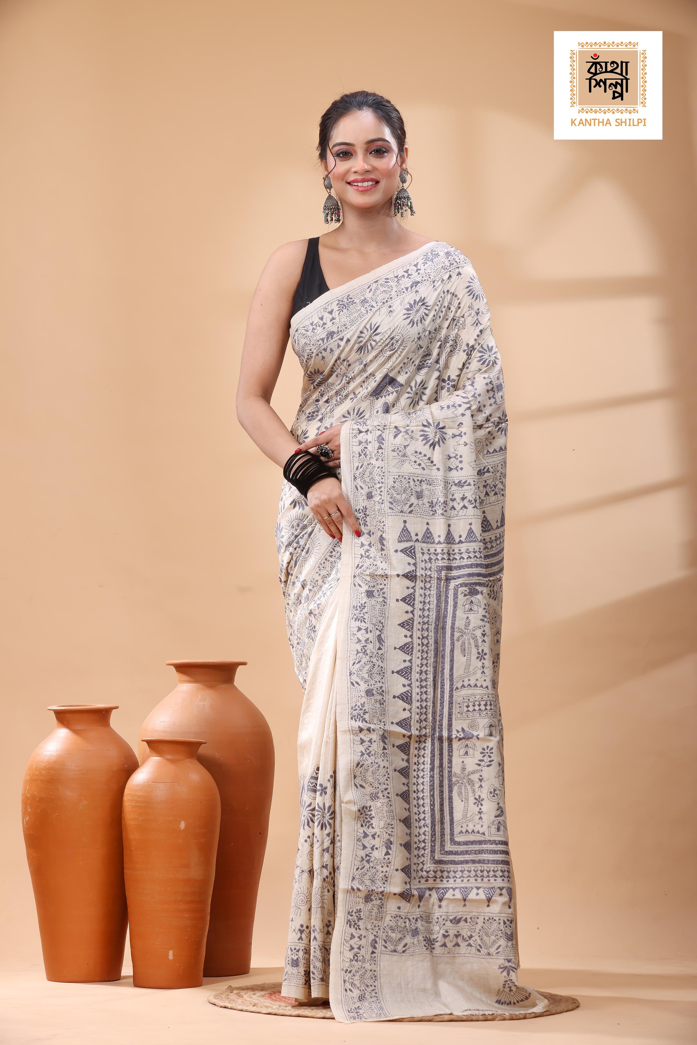 Pure Gachi Tussar Gray Color Thread Work Kantha Stitch Saree